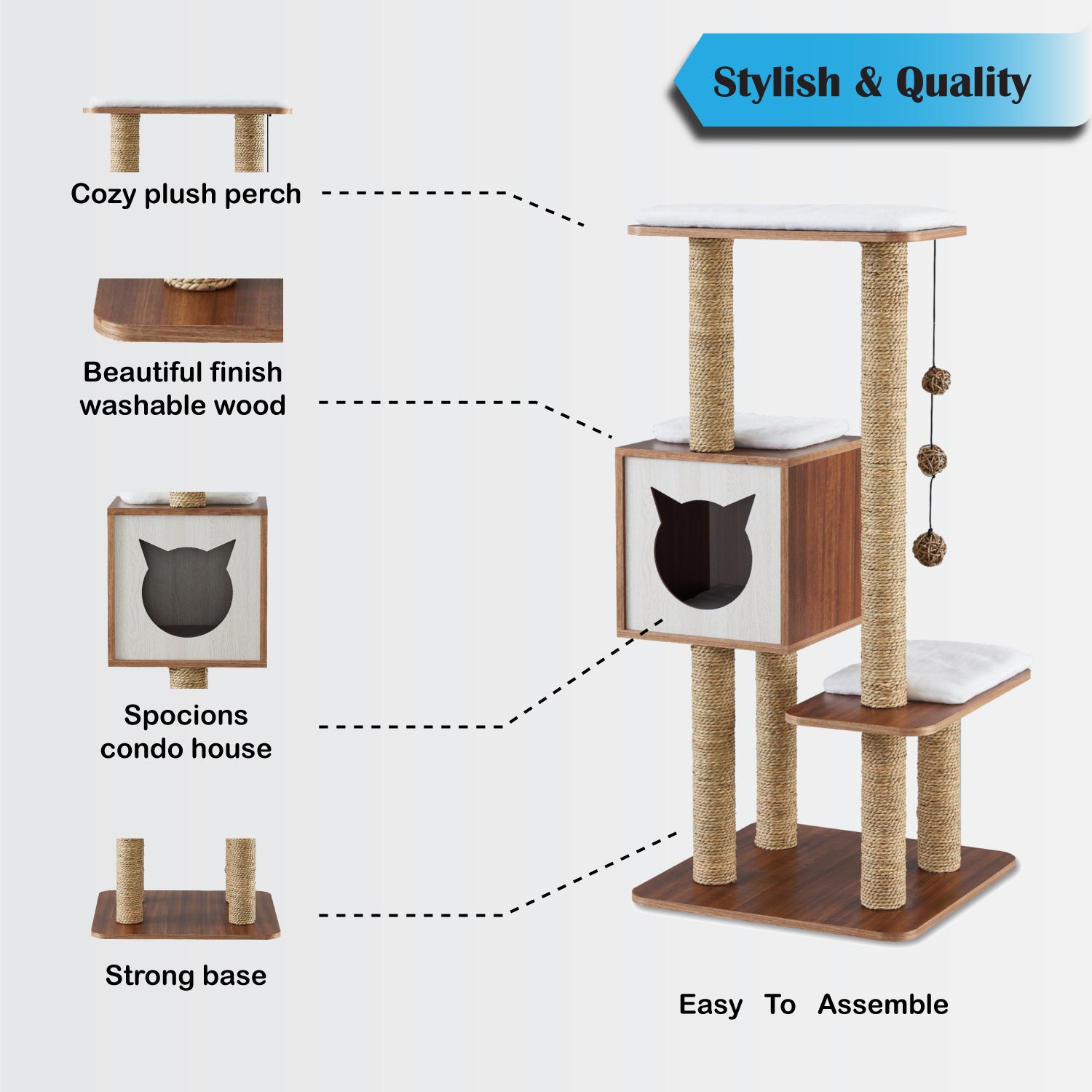 Sweet Barks Elegant Wooden Modern Cat Tree Cat Condo Multi-Level Towers Cat Activity Tower with Scratching Posts, with Removable and Washabl